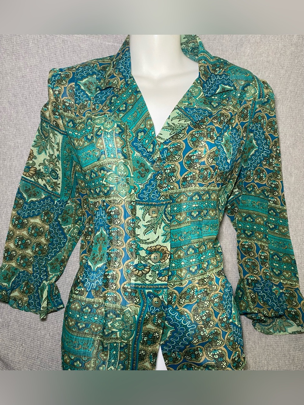 VTG Studio I Paisley Button Down Women Teal Green Sheer Festival Goth Size 12
